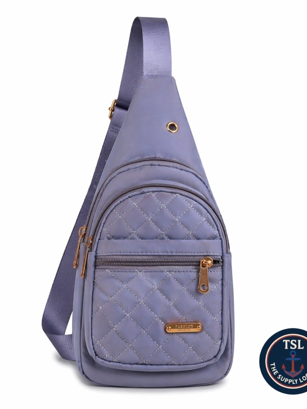 Quilted blue Crossbody Sling Bag with Gold Hardware